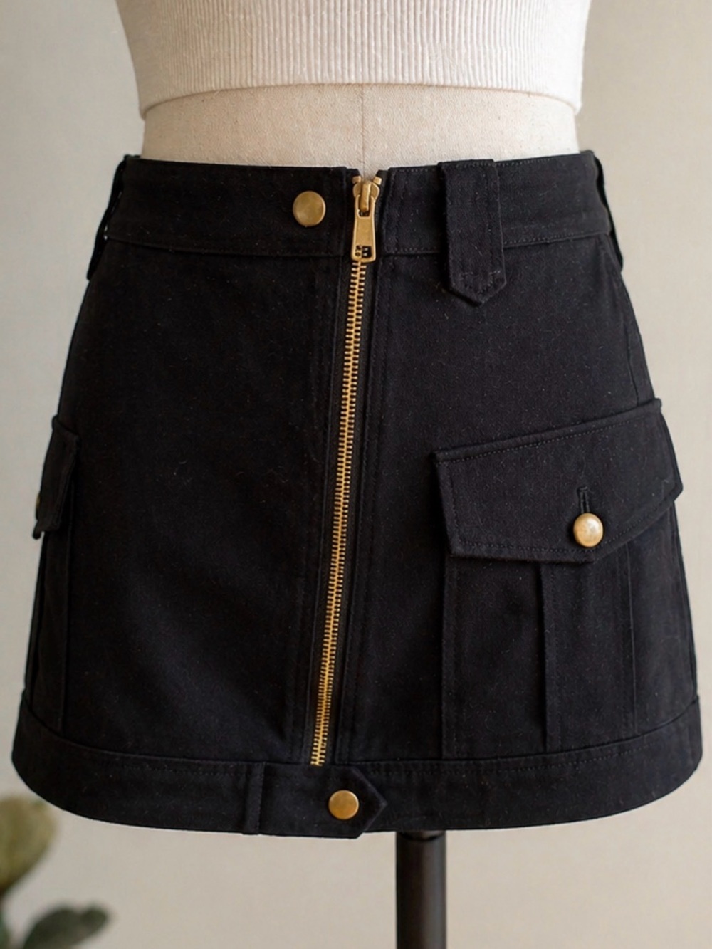 Rebecca Minkoff Black Cargo Mini Skirt | Gold Zip Utility Style | Size 8